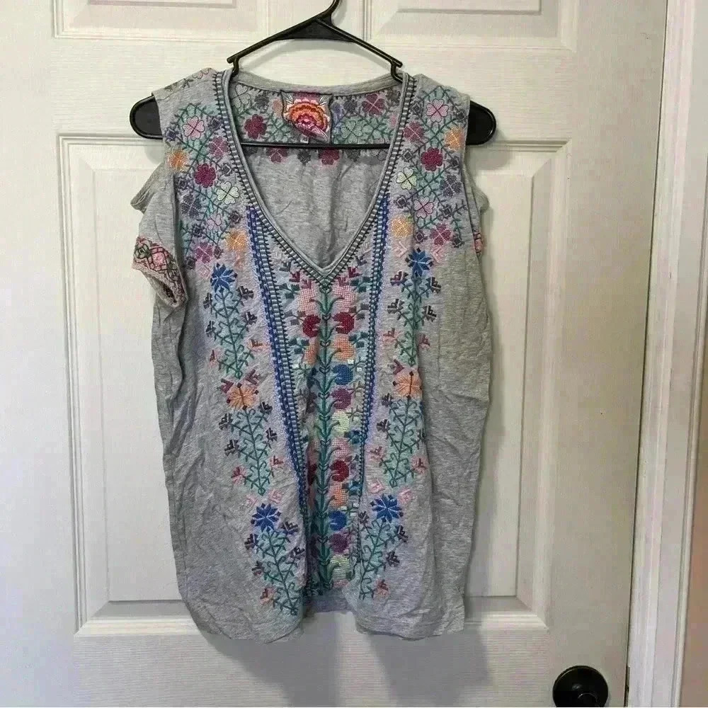 Johnny Was Womens Clover Cold-Shoulder Embroidered Blouse Sz XS